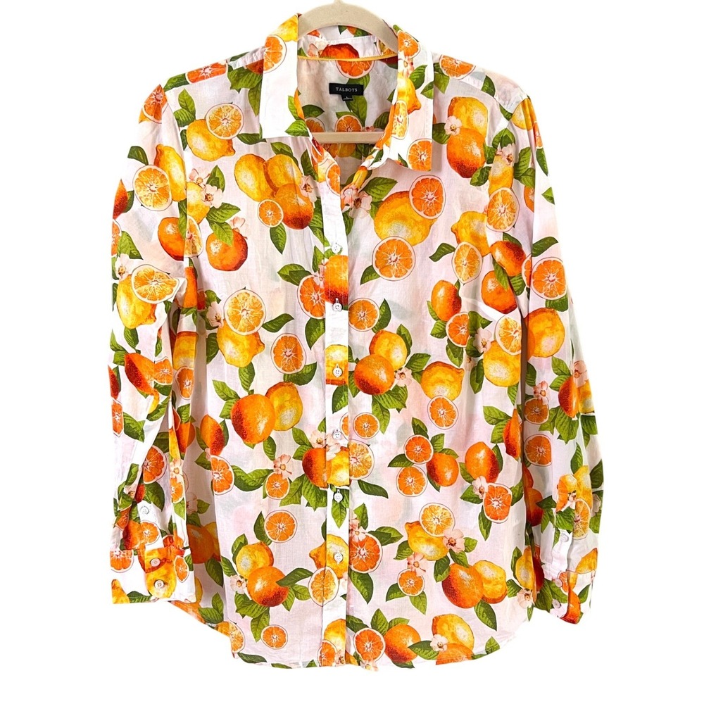 Talbots Orange Lemon Fruit Print Shirt Large Womens Cotton Long Sleeve White
